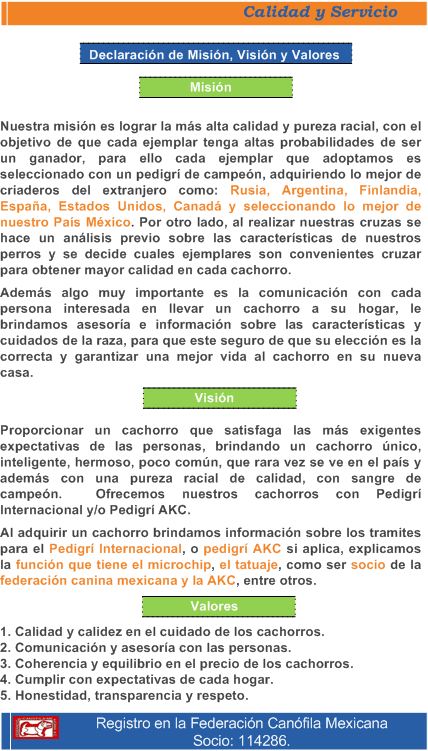 Se muestra la misi�n, visi�n y valores del Criadero San Marcos Terriers